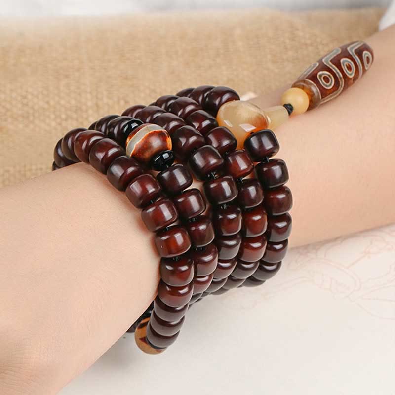 Bracelet de chance Foviel 108 perles Mala avec perle Dzi à trois yeux et perle Dzi à neuf yeux en jade