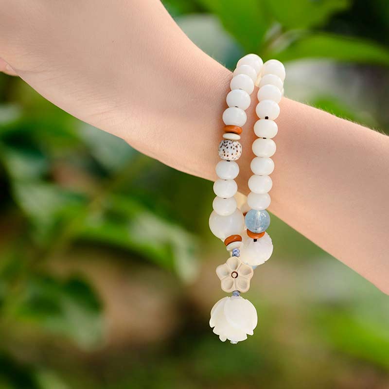 Bracelet de bénédiction lotus Bodhi en jade blanc tibétain Foviel