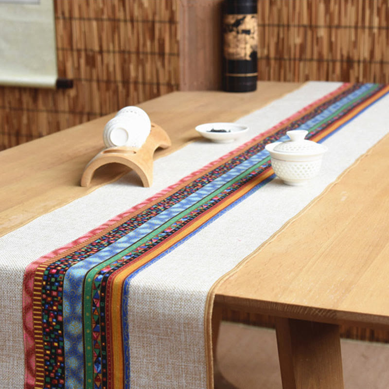 Buddha Stones Classic Chinese Style Lotus Koi Fish Flower Crane Calligraphy Enlightenment Cotton Linen Tassels Table Runner Table Runner BS 2