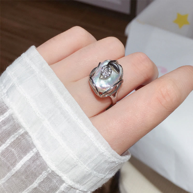 Buddha Stones Pearl Copper Plated Gold Flower Happiness Wealth Ring Ring BS 14