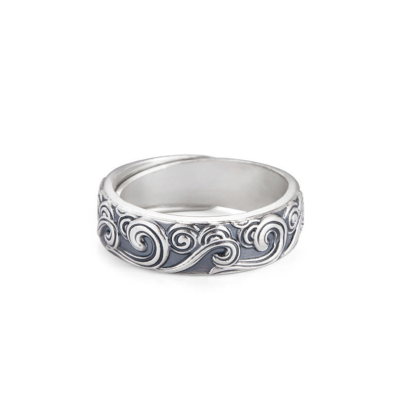 Buddha Stones 999 Sterling Silver Auspicious Clouds Engraved Blessing Adjustable Ring Ring BS Auspicious Clouds About 6.5g(Adjustable)