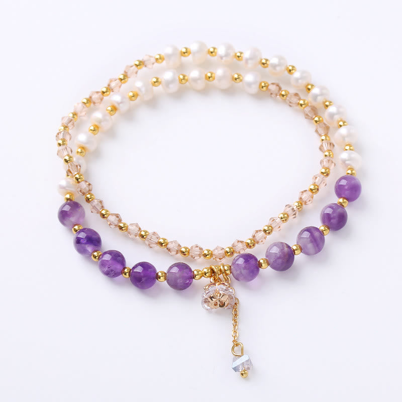 Buddha Stones Natural Amethyst Aquamarine Strawberry Quartz Pearl Peace Healing Double Wrap Bracelet Bracelet BS 2