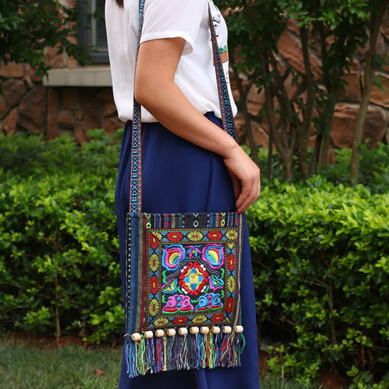 Buddha Stones Tibetan Handmade Embroidered Camellia Canvas Shoulder Bag Crossbody Bag Crossbody Bag BS 9