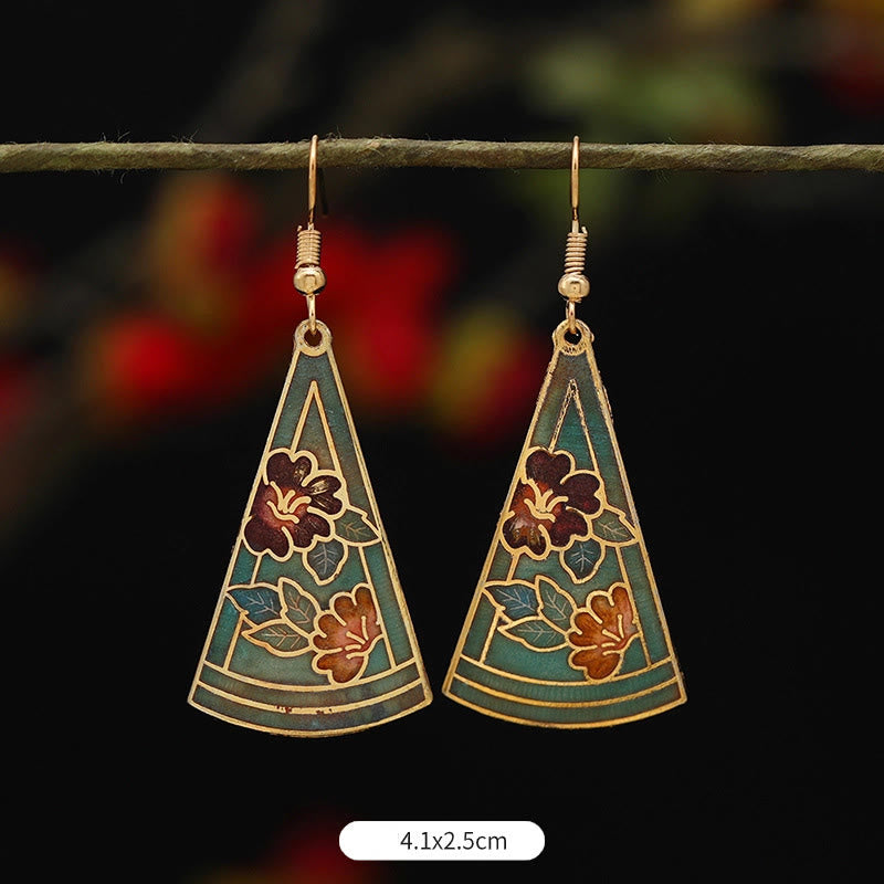 Buddha Stones Lotus Butterfly Flower Alloy Copper Enlightenment Drop Earrings Earrings BS Triangular Green Flower 4.1*2.5cm