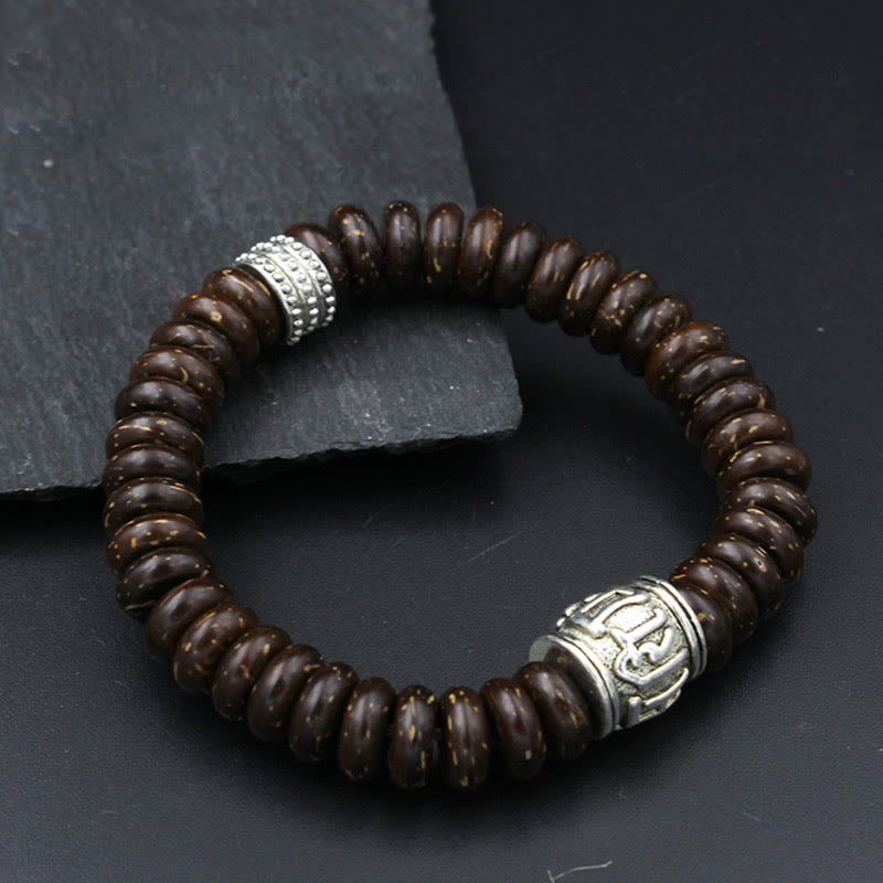 Buddha Stones Natural Tibetan Coconut Shell Om Mani Padme Hum Positive Bracelet Bracelet BS Brown Coconut Shell&White Silver 18-20cm