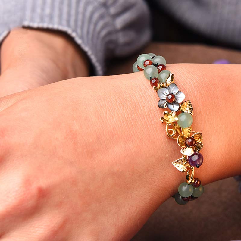 Buddha Stones Green Aventurine Garnet Bead Flower Petal Luck Bracelet Bracelet BS 6
