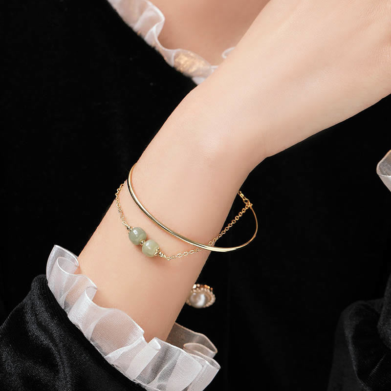 Buddha Stones Copper Plated Gold Hetian Jade Bead Luck Double Layer Bracelet Bangle Bracelet Bangle BS 9