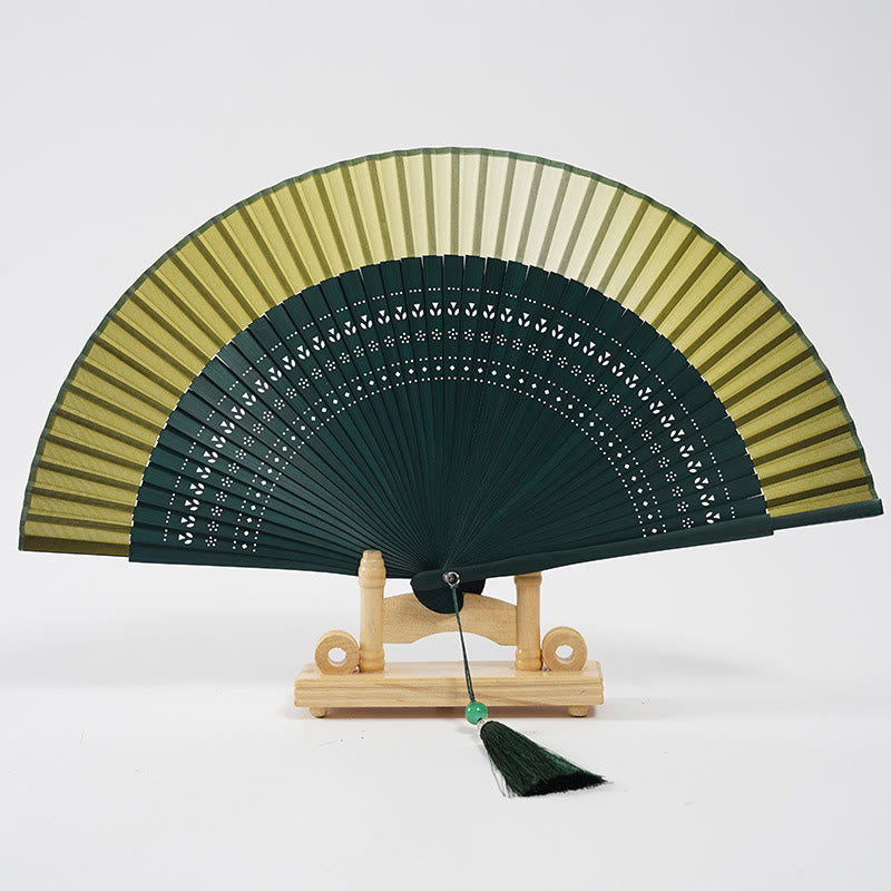 Buddha Stones Gradient Color Hollow Engraved Handheld Bamboo Folding Fan Folding Fan BS Gradient Green 20cm