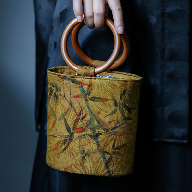 Buddha Stones Bamboo Leaf Butterfly Cherry Blossom Persimmon Wood Handle Handbag Handbags BS 4