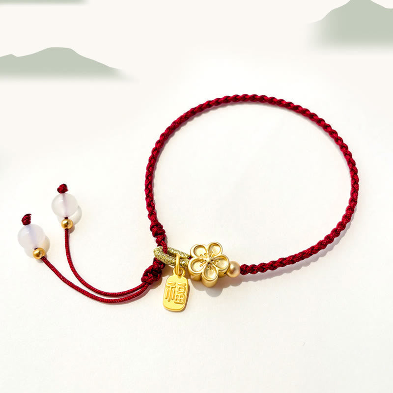 Buddha Stones Handmade Peach Blossom Rosette Bow Knot Fu Character Charm Luck Fortune Red Rope Bracelet Bracelet BS 2