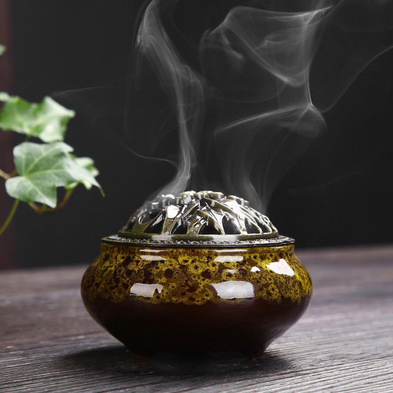 Buddha Stones Flower Pattern Ceramic Blessing Meditation Incense Burner Decoration Decorations Incense Burner BS Yellow