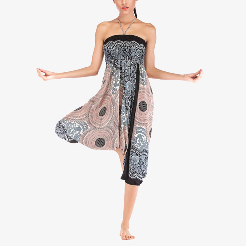 Buddha Stones Two Style Wear Round Geometric Pattern Loose Smocked Harem Trousers Jumpsuit High Waist Women's Yoga Pants Harem Pants&Bodysuit BS 34