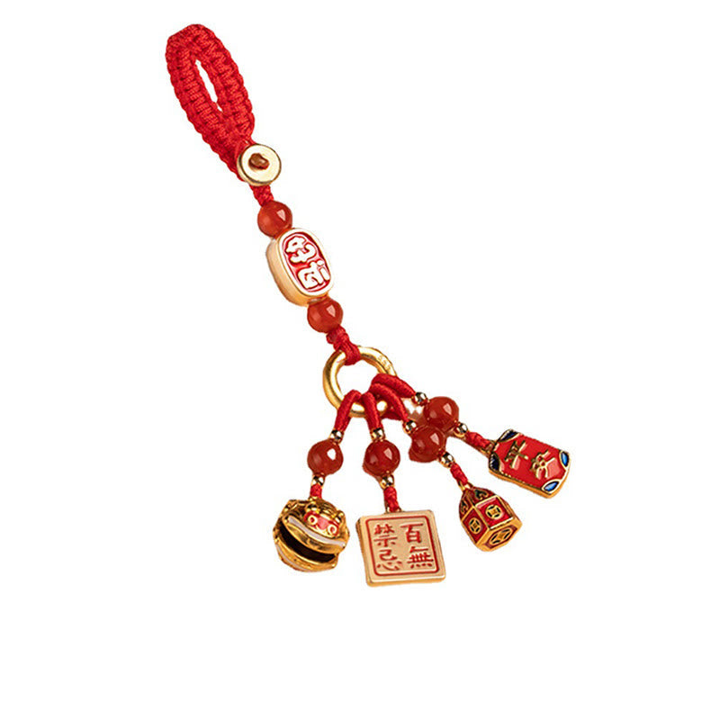 Buddha Stones Nothing to Be Superstitious Dancing Lion Copper Wealth Key Chain Key Chain BS Red(Nothing to Be Superstitious Charm)