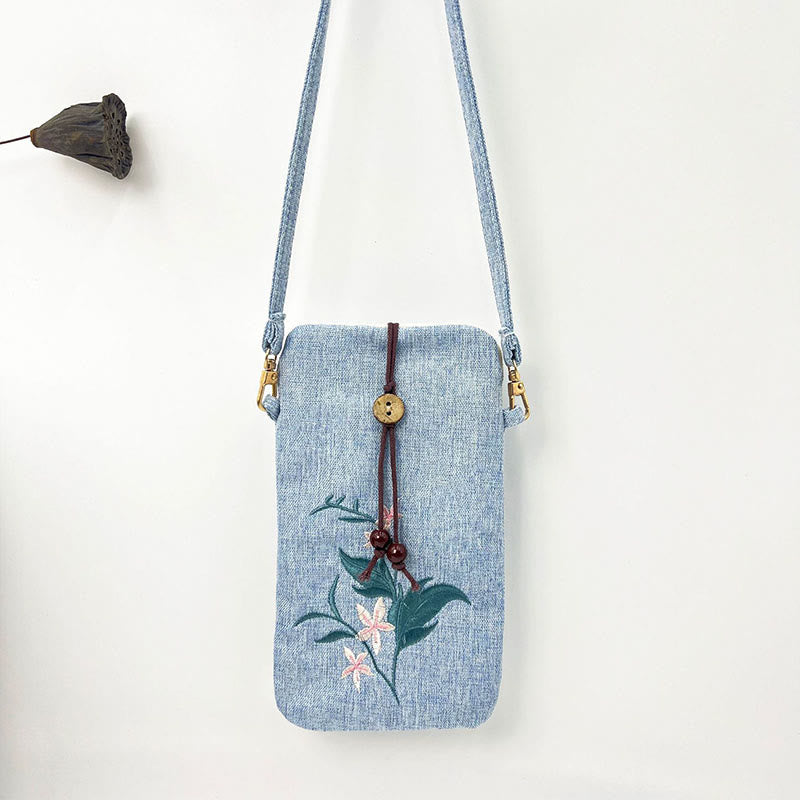 Buddha Stones Small Embroidered Flowers Crossbody Bag Shoulder Bag Cellphone Bag 11*20cm Crossbody Bag BS Light Blue Pink Flower 11*20cm