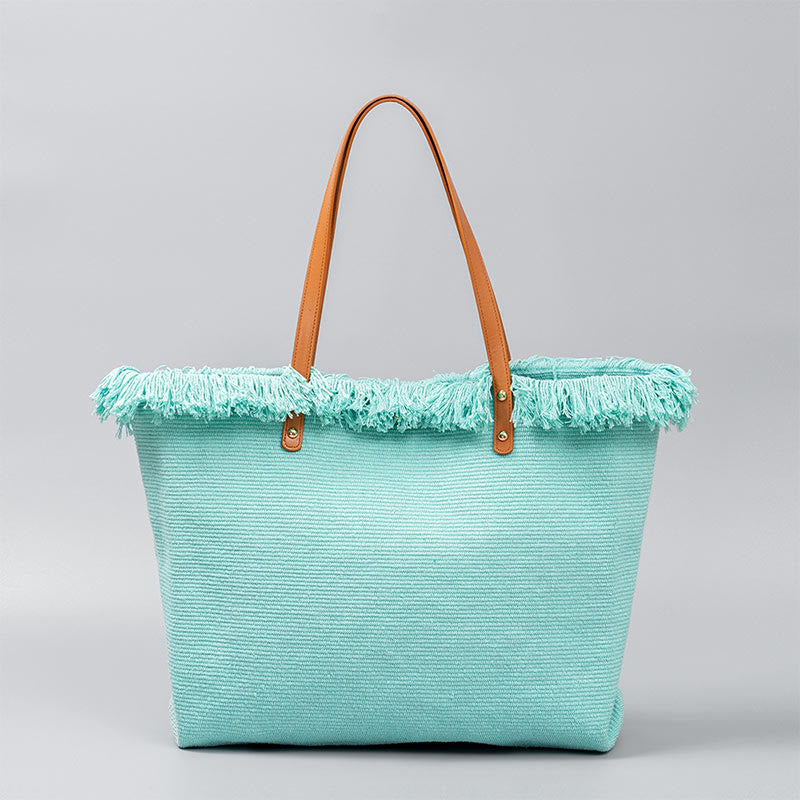 Buddha Stones Large Capacity Solid Color Tassel Canvas Tote Shoulder Bag Shoulder Bag BS Blue 50*10*35cm