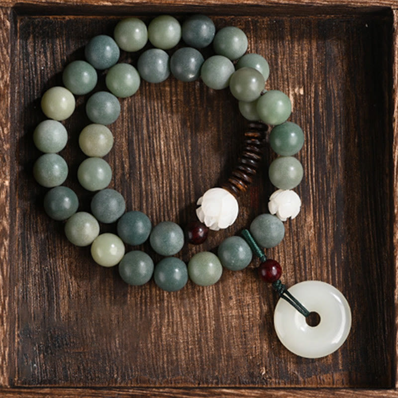 Buddha Stones Cyan Bodhi Seed Lotus Jade Peace Buckle Wisdom Double Wrap Bracelet Mala Bracelet BS 8