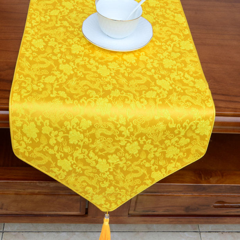 Buddha Stones Prayer Altar Flower Vajra Dragon Pattern Tibetan Auspicious Symbols Tassels Jacquard Table Runner Prayer Altar BS 13
