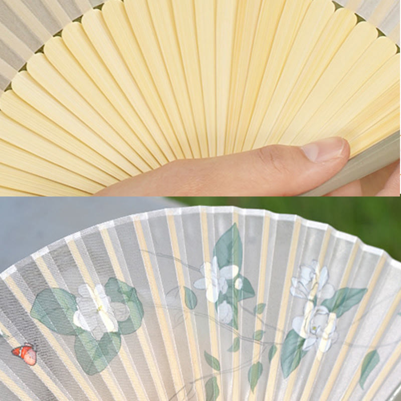 Buddha Stones Jasmine Flowers Handheld Bamboo Folding Fan Folding Fan BS 5