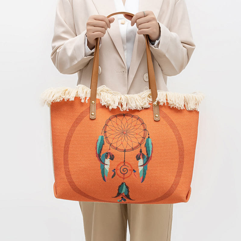 Buddha Stones Large Capacity Dreamcatcher Mandala Tassel Canvas Tote Shoulder Bag Shoulder Bag BS Dreamcatcher 50*10*30cm