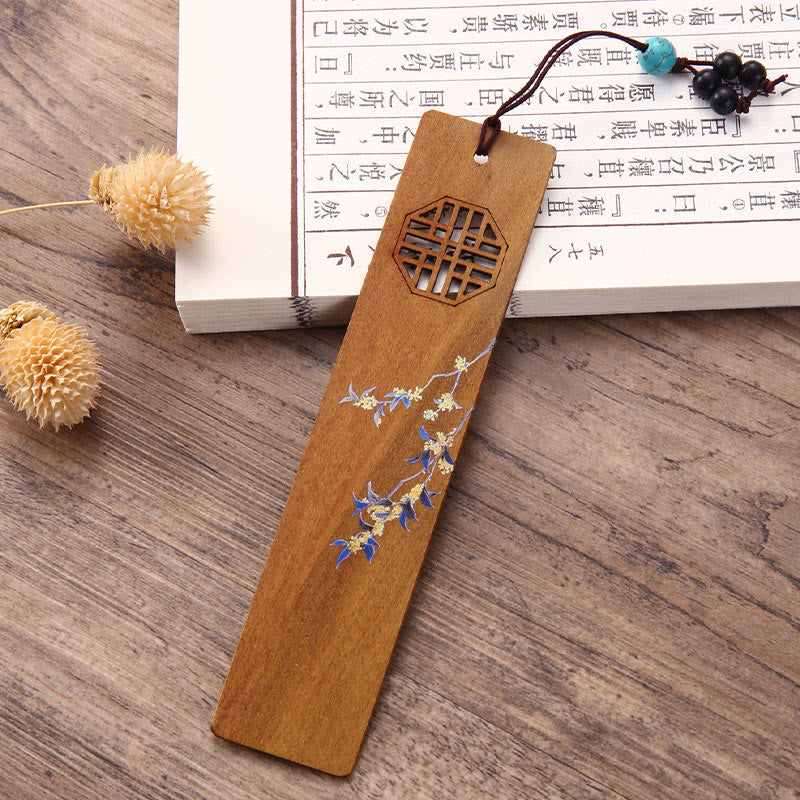 Buddha Stones 4Pcs Four Seasons Plum Orchid Bamboo Chrysanthemum Peking Opera Mask Wood Bookmarks With Gift Box Bookmarks BS 5