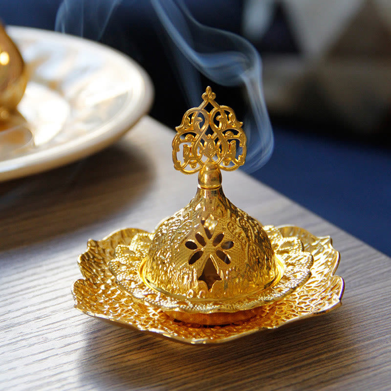 Buddha Stones Gold Leaf Coaster Spiritual Mini Alloy Metal Incense Burner Incense Burner BS Gold Leaf Coaster&Mini Incense Burner