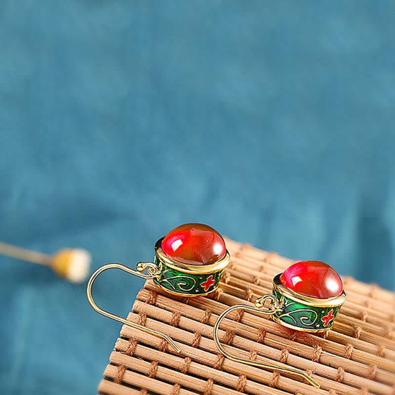 Buddha Stones Round Red Corundum Confidence Hook Drop Dangle Earrings Earrings BS 4