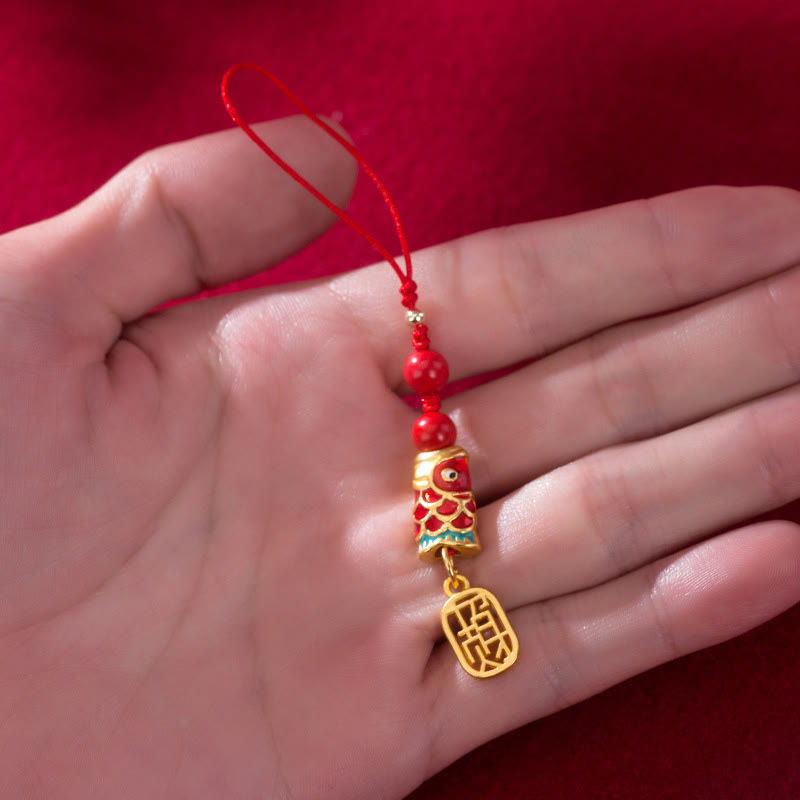 Buddha Stones Koi Fish Cinnabar Attracting Wealth Wish Ruyi Charm Luck Phone Hanging Decoration Phone Hanging Decoration BS 13