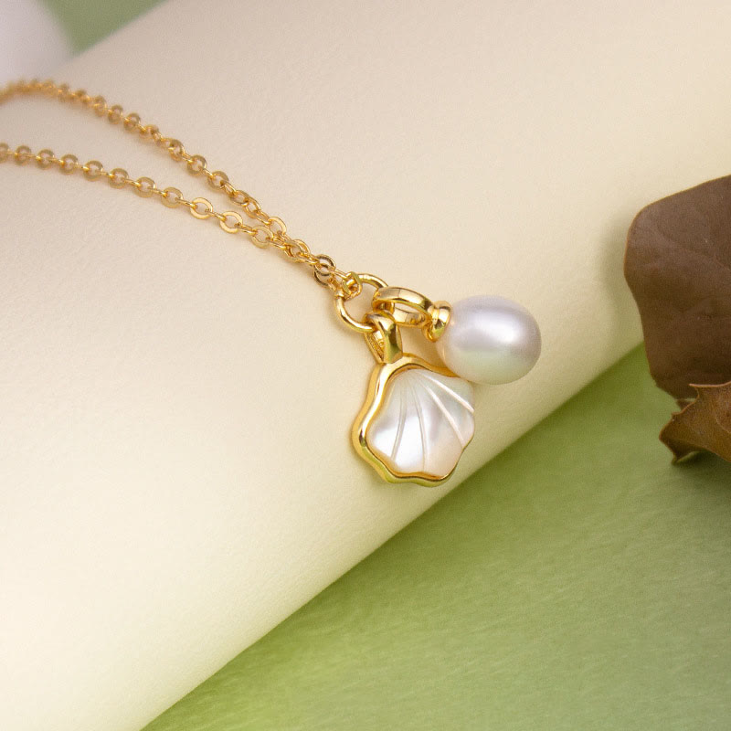 Buddha Stones Ginkgo Tridacna Stone Pearl Bead Copper Blessing Necklace Pendant Ring Earrings Set Bracelet Necklaces & Pendants BS Necklace