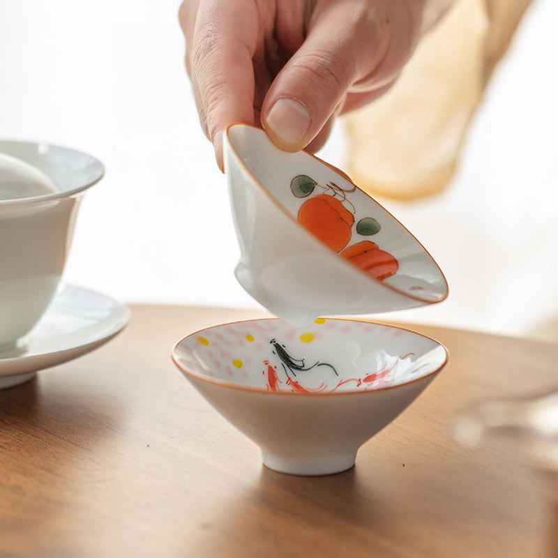 Buddha Stones Mandala Flower Koi Fish Lotus Bird Persimmons Teacup Kung Fu Tea Cup 50ml Cup BS 14