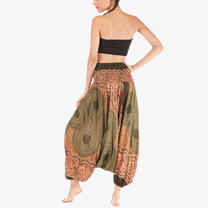 Buddha Stones Two Style Wear Round Geometric Pattern Loose Smocked Harem Trousers Jumpsuit High Waist Women's Yoga Pants Harem Pants&Bodysuit BS 38