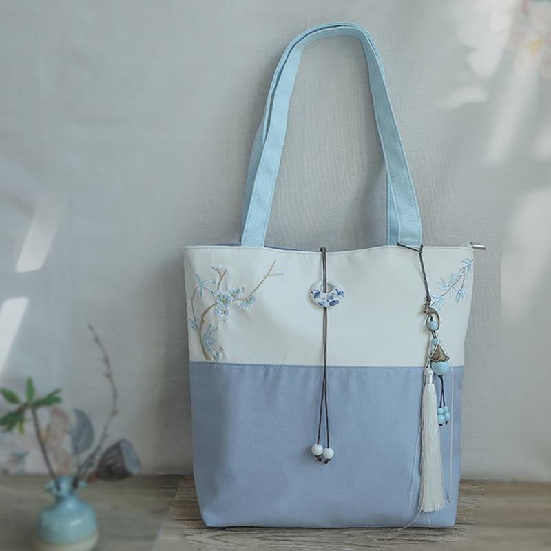 Buddha Stones Pear Flower Plum Peach Blossom Bamboo Embroidery Canvas Large Capacity Shoulder Bag Tote Bag - image 17