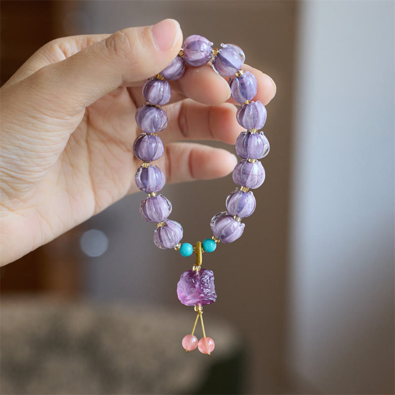 Buddha Stones Liuli Glass Bead Lotus Design Fluorite Ivory Fruit Dancing Lion Charm Enlightenment Bracelet Bracelet BS Purple Liuli Glass&Fluorite Dancing Lion(Wrist Circumference 14-16cm)