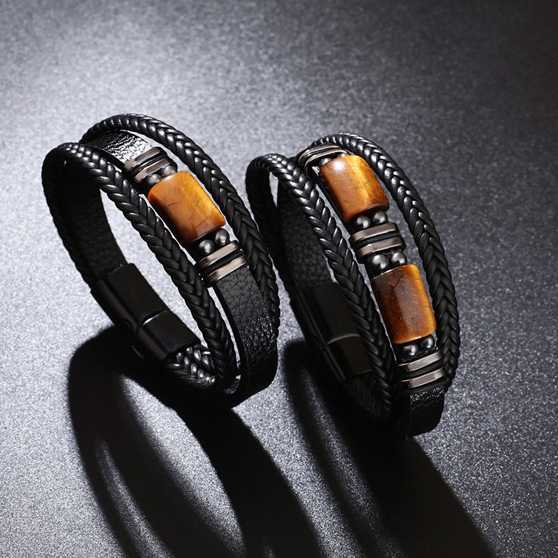 Buddha Stones Tiger Eye Power Magnetic Buckle Multilayered Leather Bracelet Bracelet BS 9