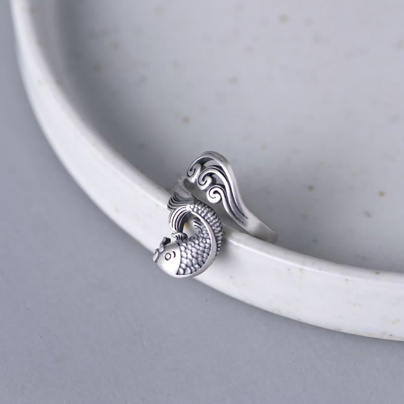 Buddha Stones 925 Sterling Silver Koi Fish Water Ripple Luck Wealth Ring Ring BS 9