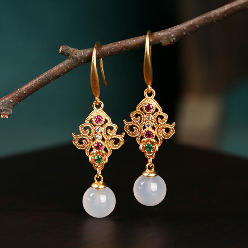 Buddha Stones 24K Gold Plated Round Chalcedony Positive Dangle Drop Earrings Earrings BS 3