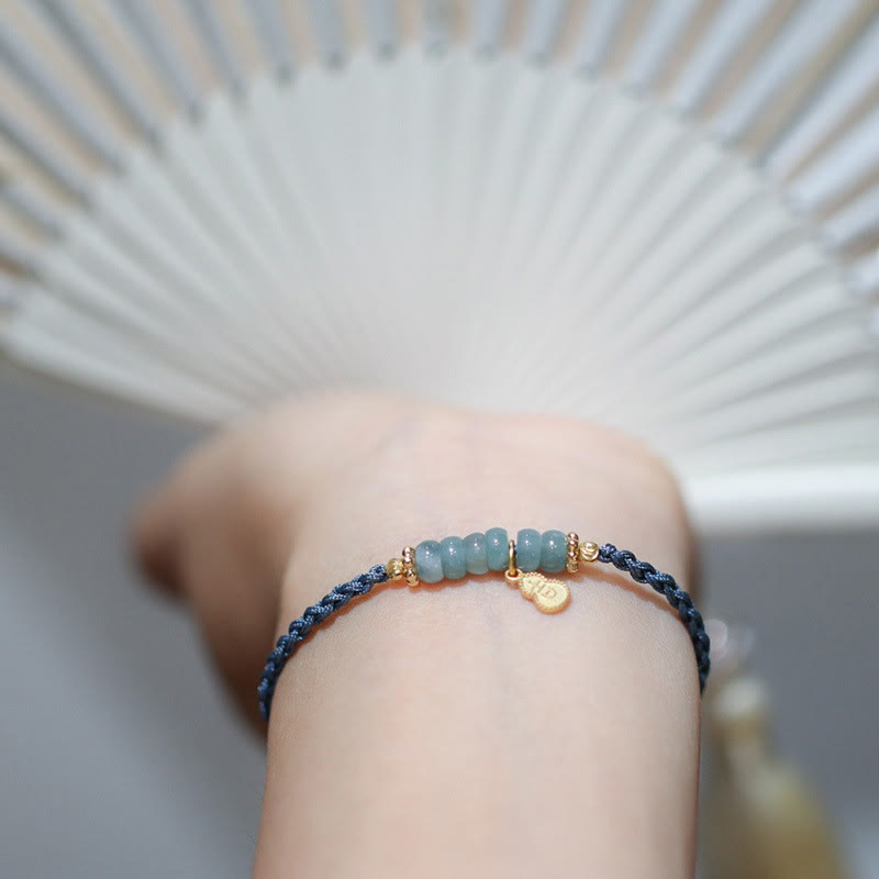 Buddha Stones 925 Sterling Silver Natural Jade Gourd Rutilated Quartz Fu Character Luck Braid Bracelet Bracelet BS 3