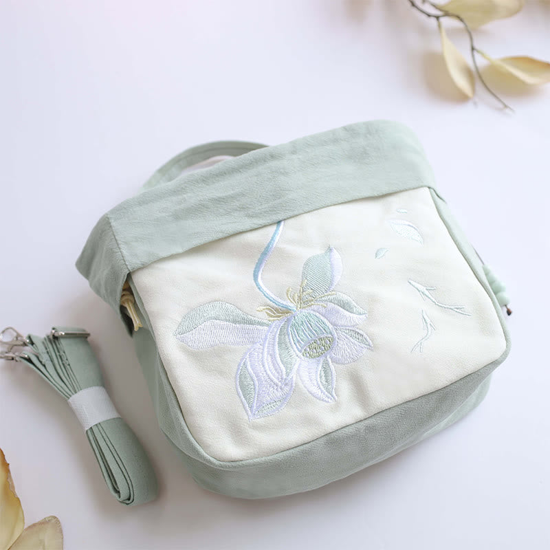 Buddha Stones Suzhou Embroidery Lotus Epiphyllum Magnolia Cotton Linen Tote Crossbody Bag Shoulder Bag Handbag Crossbody Bag BS 2