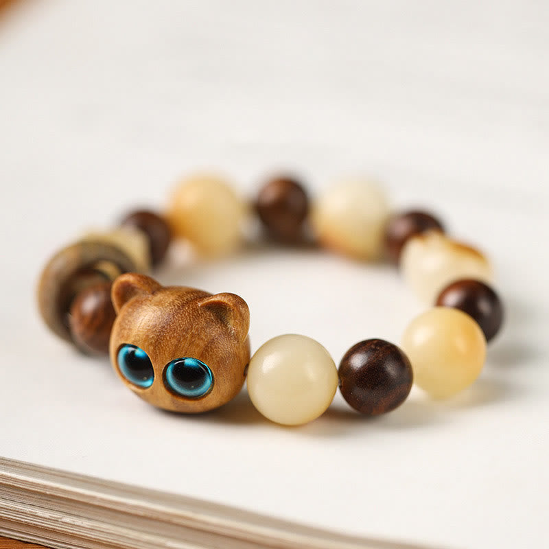 Buddha Stones Natural Bodhi Seed Sandalwood Lucky Cute Cat Head Paw Claw Peace Bracelet Bracelet BS 5