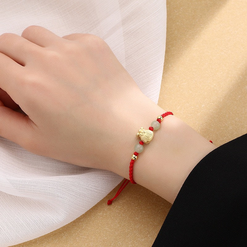 Buddha Stones Lucky Money Bag Fu Character Jade Bead Luck Braided Bracelet Bracelet BS Red Rope Bracelet(Wrist Circumference 14-16cm)