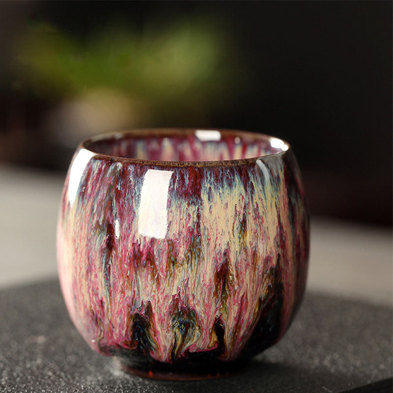 Buddha Stones Simple Multicolored Kiln Change Chinese Jianzhan Ceramic Teacup Kung Fu Tea Cup 110ml Jian Zhan Tea Cup BS Red Yellow 6.5cm*6cm*110ml