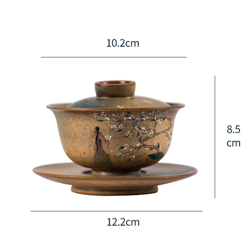 Buddha Stones Jingdezhen Hand Painted Ru Kiln Porcelain Hanfu Girl Flower Ceramic Gaiwan Sancai Teacup Kung Fu Tea Cup And Saucer With Lid Cup BS 12