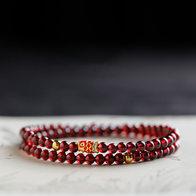 Buddha Stones 999 Gold Koi Fish Natural Garnet Protection Bracelet Bracelet BS 4mm-Garnet&Gold Koi Fish Double Wrap Bracelet 17cm