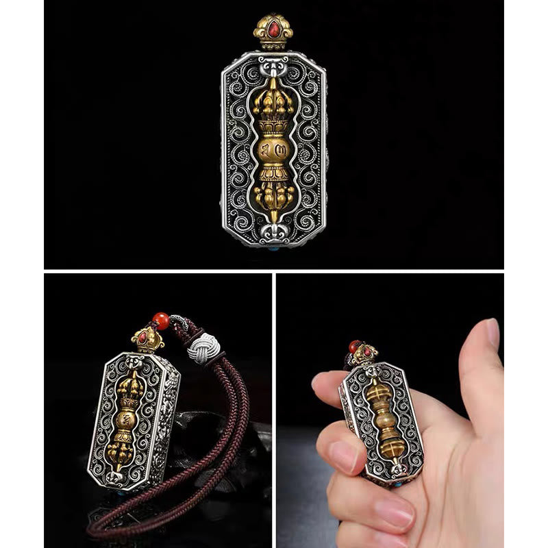 Buddha Stones Tibetan Om Mani Padme Hum Carved Dorje Vajra Rotatable Lotus Pattern Purity Rope Necklace Pendant Necklaces & Pendants BS 7