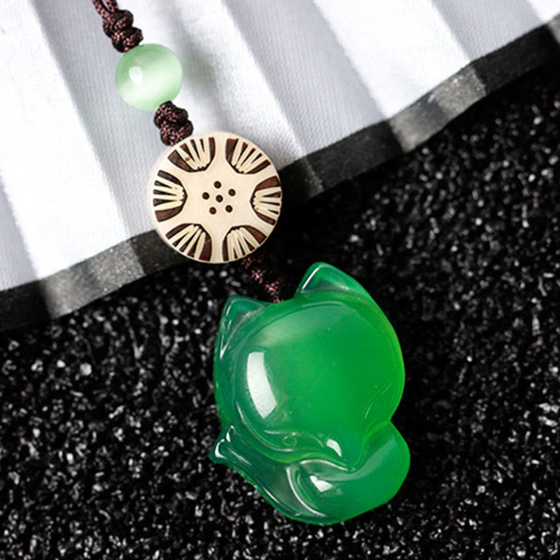 Buddha Stones Natural Chalcedony Fox Harmony Phone Hanging Decoration Phone Hanging Decoration BS Green Fox