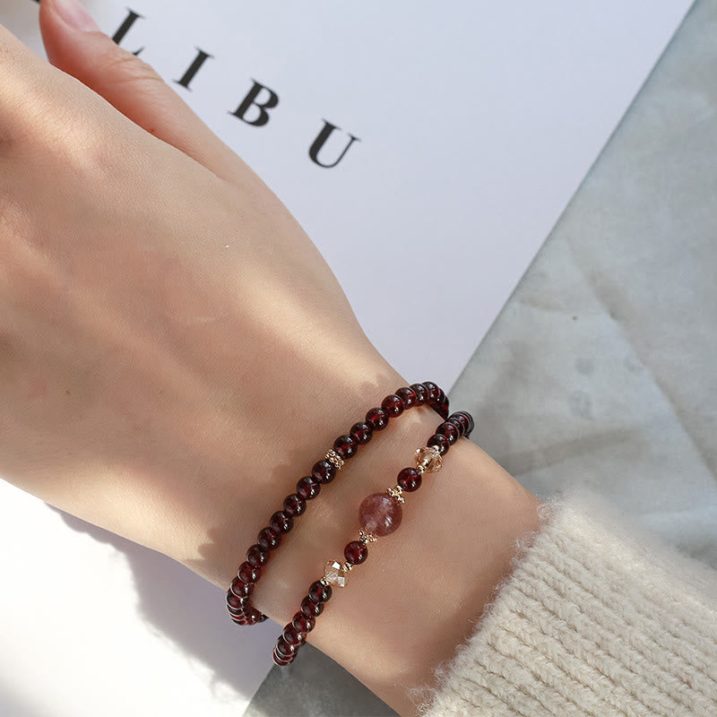 Buddha Stones 14K Gold Plated Natural Garnet Strawberry Quartz Stability Double Wrap Bracelet Bracelet BS 12