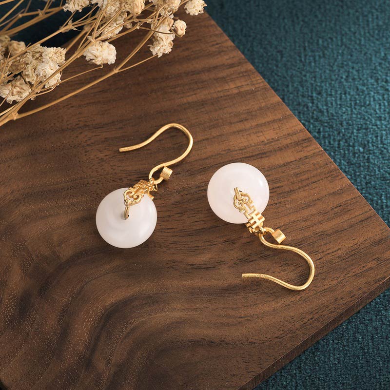 Buddha Stones White Jade Double Happiness Fortune Earrings Earrings BS 3