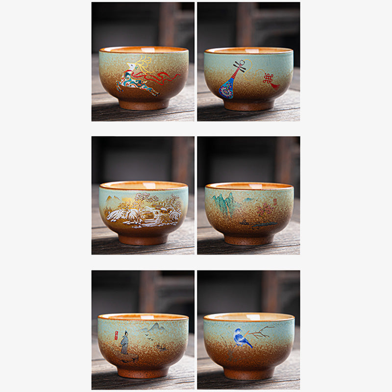 Buddha Stones Colorful Deer Pipa Snow Plum Blossoms Mountains Rivers Bird Ceramic Teacup Kung Fu Tea Cup Bowl Cup BS 23
