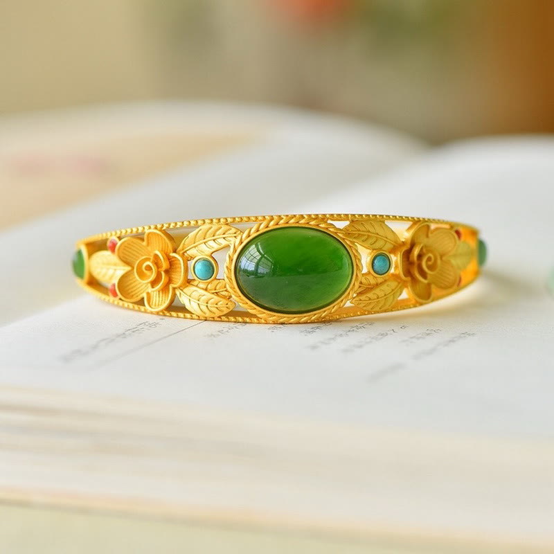 Buddha Stones Cyan Jade White Jade Flower Leaf Harmony Luck Bracelet Bangle Bracelet Bangle BS 5