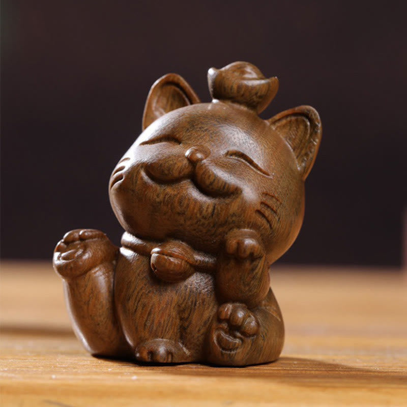Buddha Stones Mini Green Sandalwood Ingot Lucky Cat Carved Peace Desk Decorations Decorations BS 6