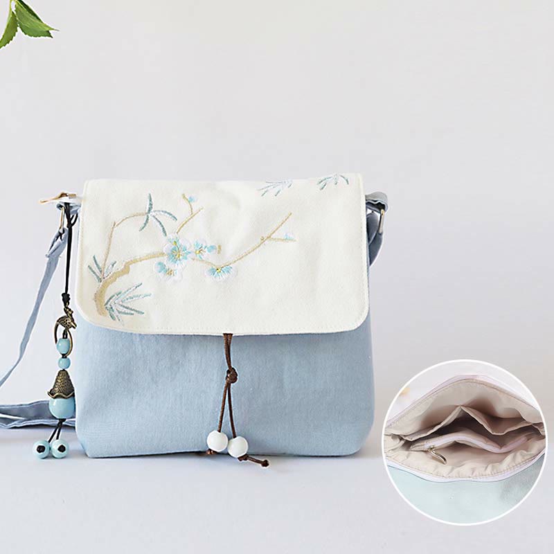 Buddha Stones Handmade Embroidered Plum Flowers Canvas Crossbody Bag Shoulder Bag Handbag Crossbody Bag BS 1